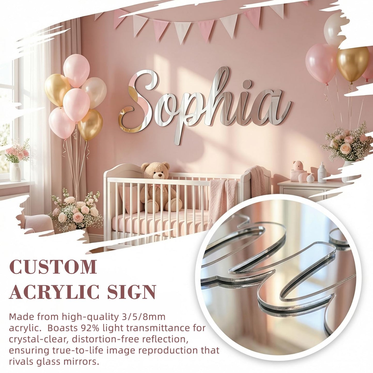 Custom Acrylic Name Sign for Nursery, Handmade 3D Laser Cut Personalized Name Mirror Sign for Wall, Home Bedroom Party Salon Birthday Gift Wedding Event