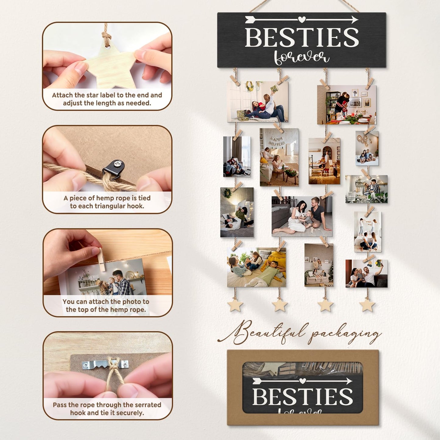 ELMCH Bestie Picture Frame Photo Hanging Display with Clips, Bestie Gifts for Women, Gifts for Besties Best Friends, Besties Forever Picture Board Photo Holder for Wall Decor
