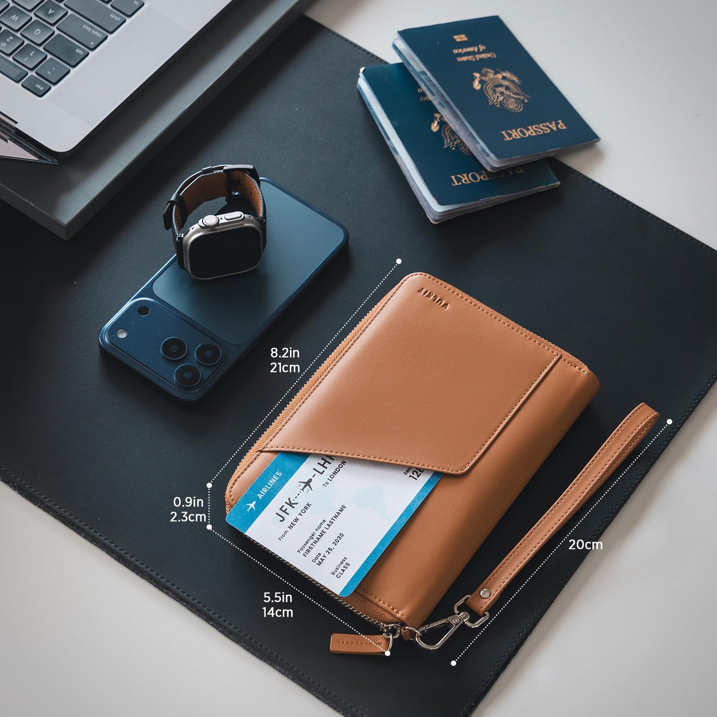 VULKIT Leather Passport Holder Family Travel Document Organizer with RFID Blocking Travel Wallet Slim Dual Slots SIM Card and Multiple Card Holders for Men and Women (Brown)