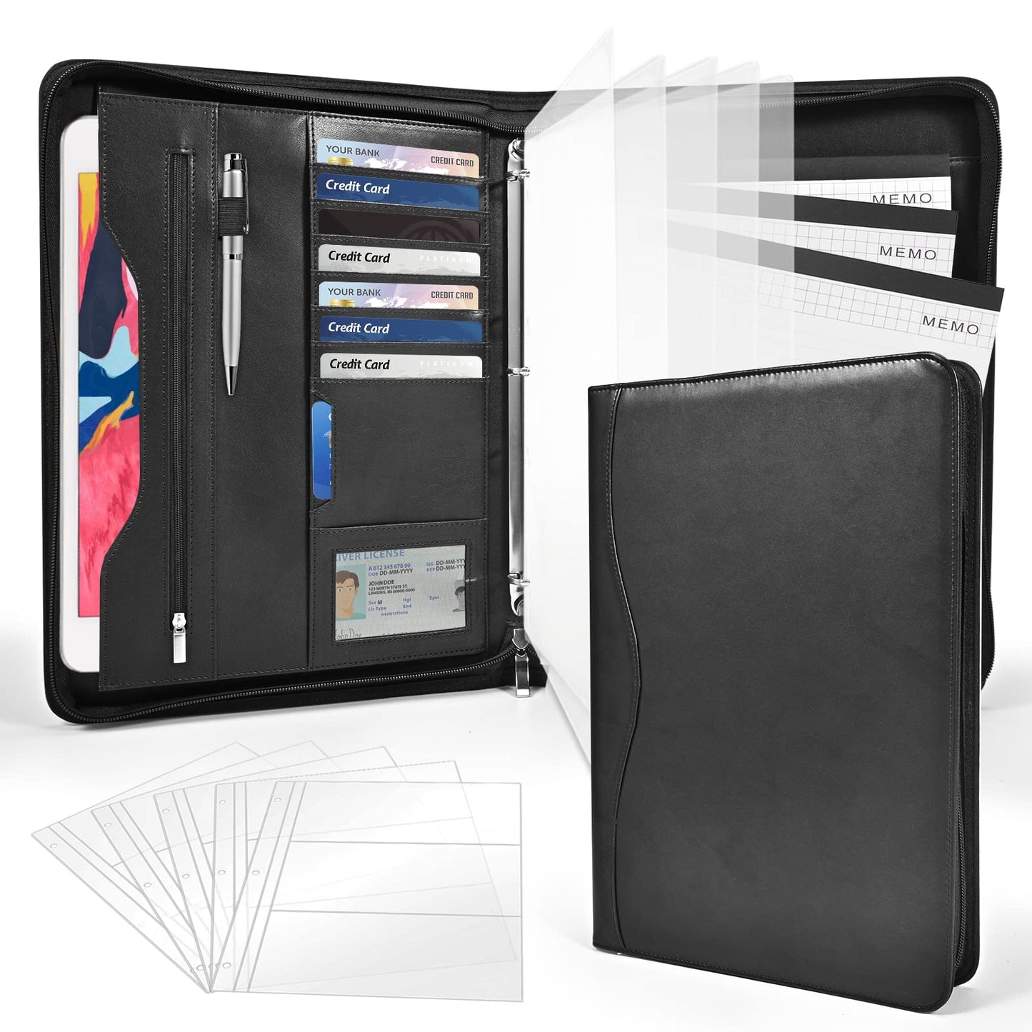 Sbrinnaliao 3-Ring Padfolio Portfolio Binder Organizer,PU Leather Folder Binder Business Planner Notebook Zippered Portfolio for Women/Men with Document Sleeve,Letter/A4 Size Clipboard