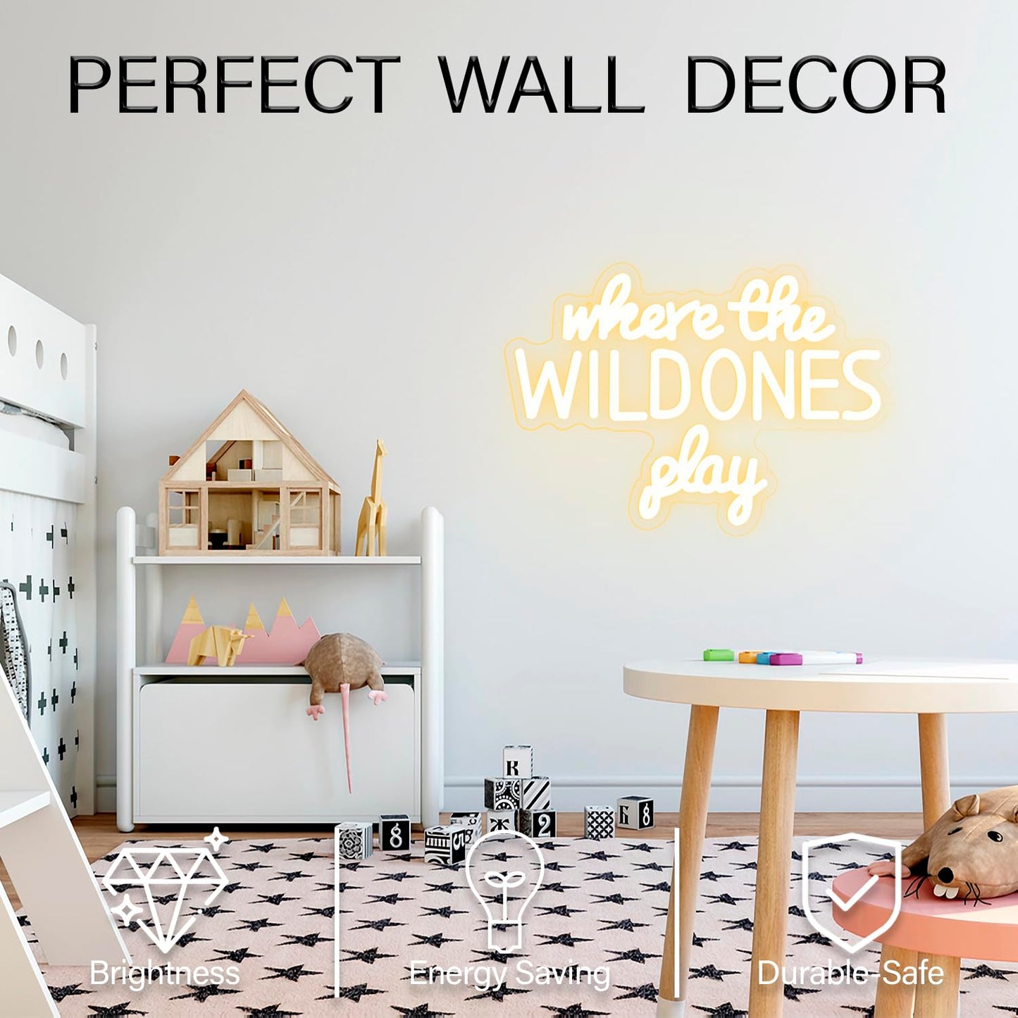 Where the Wild Ones Play Neon Sign Dimmable Neon Signs for Wall Decor Letter LED Signs USB Light Up Sign for Playroom Wall Decor Playroom Decoration Essentials