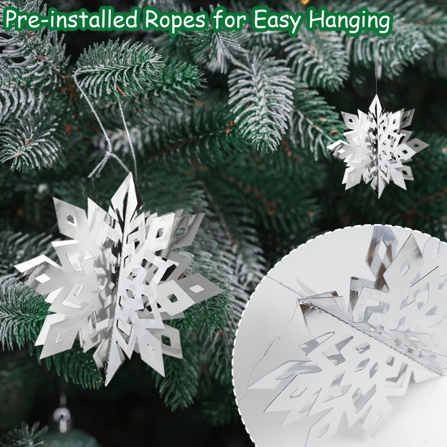 OuMuaMua Christmas Snowflake Decorations Indoor, 24PCS 3D Silver Hanging Snowflakes Garland for Winter Wonderland Decor Xmas Christmas Party Baby Shower Holiday Home Decorations