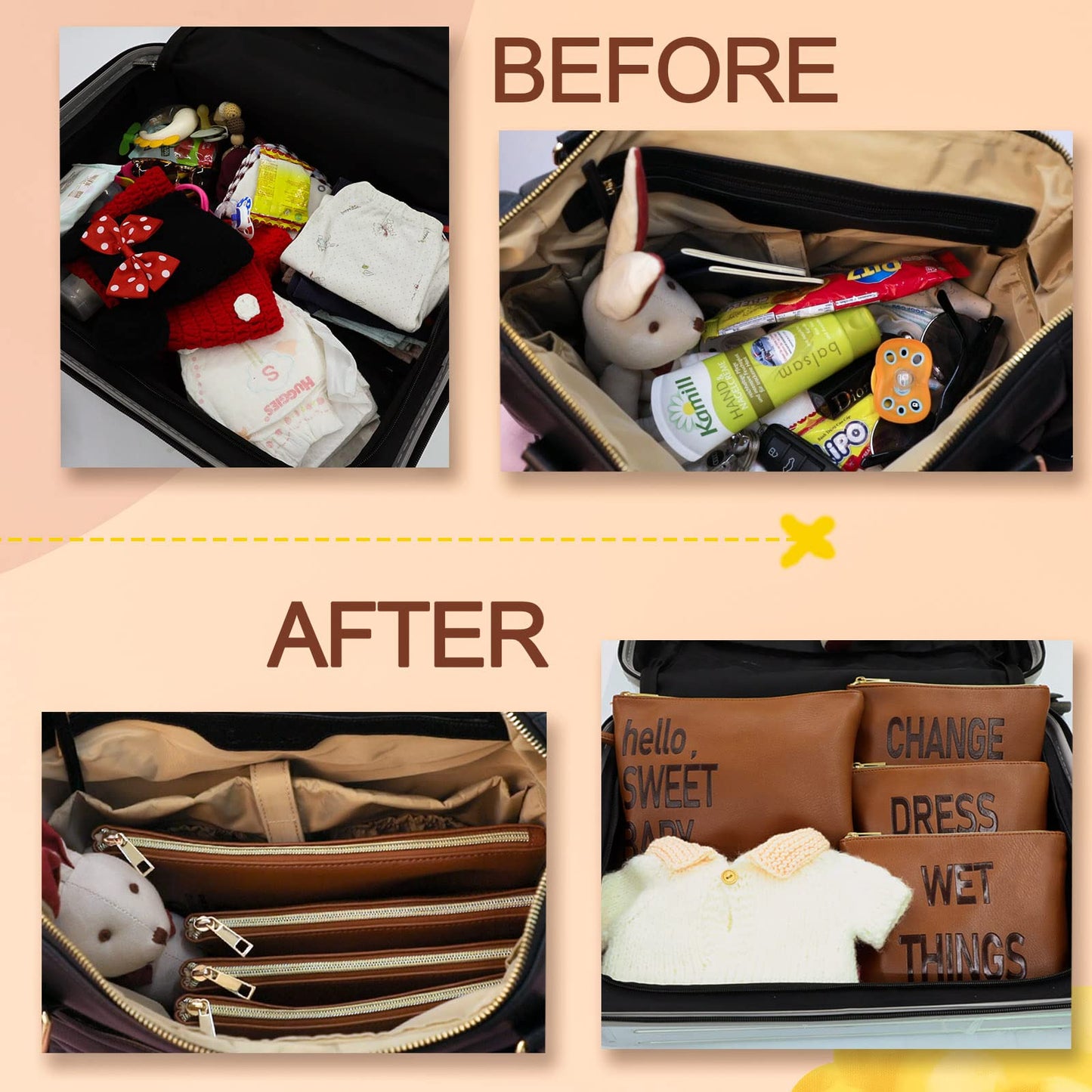 Omanmoli Diaper Bag Organizing Pouches,Leather Diaper Bag Organizer,Diaper Essential items, Dry Wet Bags for Baby,Diaper Organization (Brown)