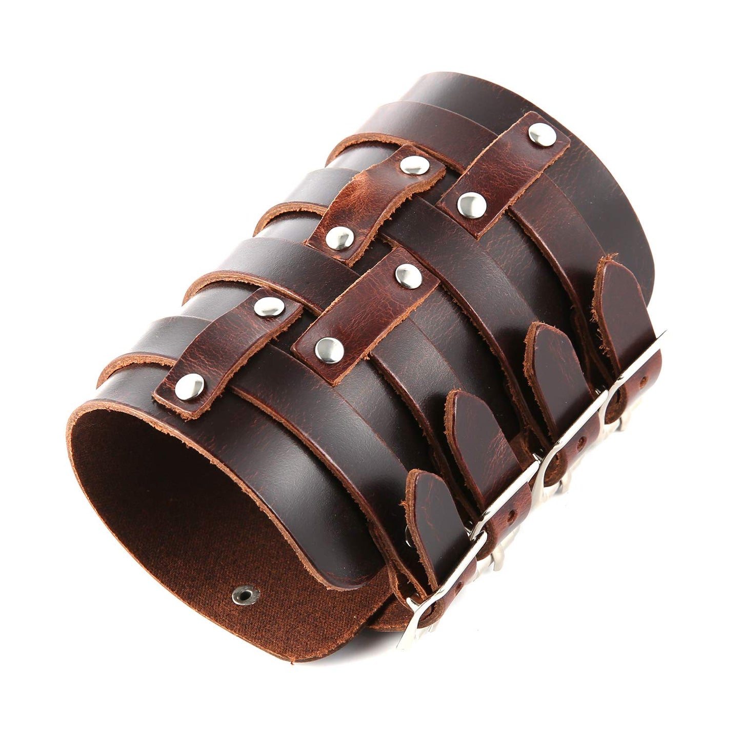 HZMAN Mens Leather Wide Triple Strap Cuff Wrap Gauntlet Wristband Buckle Fastening Arm Armor Cuff 4 Rows (Brown)