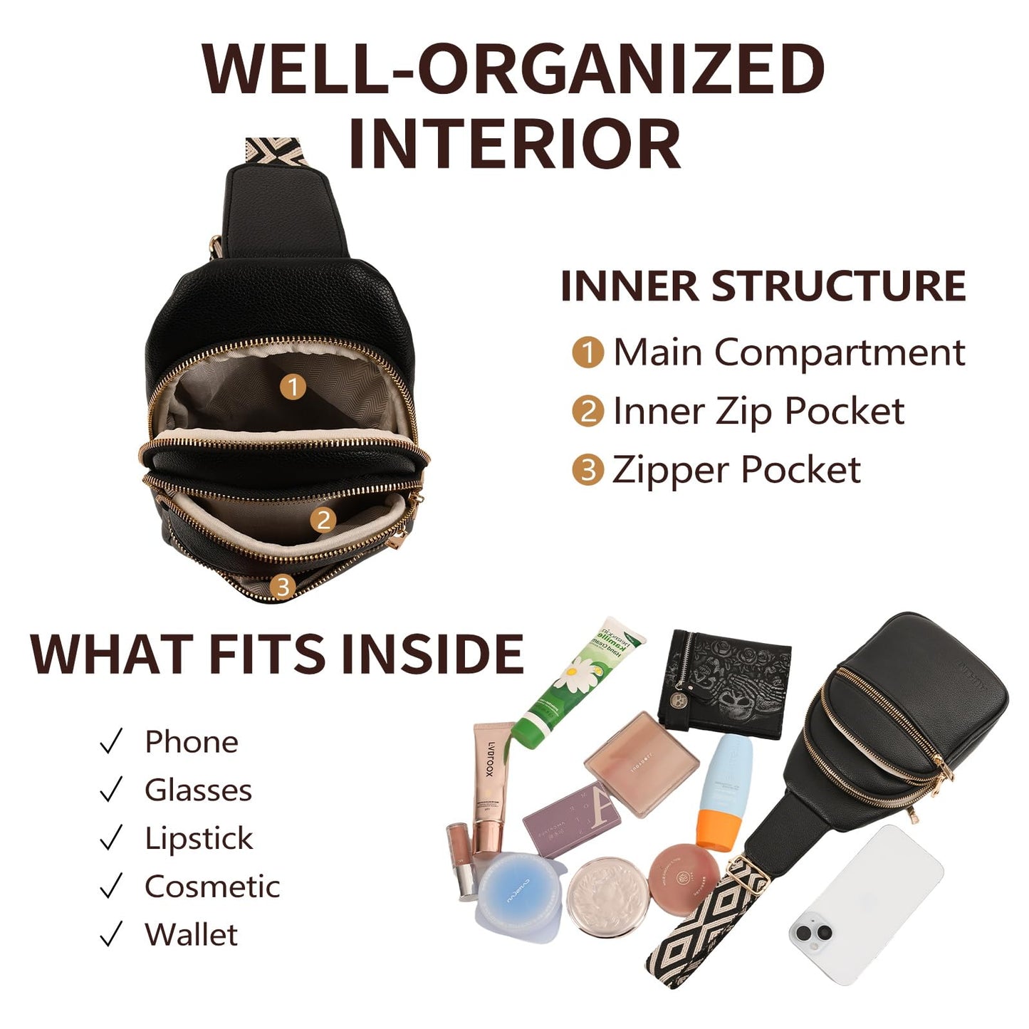 MLHUA Small Crossbody Sling Bag For Women and Men Vegan Leather Chest Purses Fanny Pack Unisex (Black)