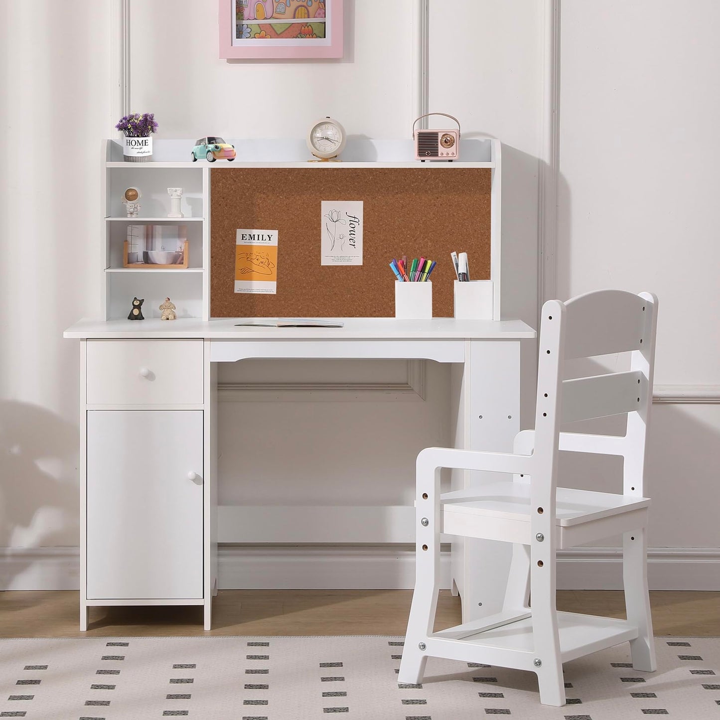 Garvee Kids Desk, Study Desk and Chair Set for Boys and Girl, Wooden Kids Writing Table with Bookshelf, Bulletin Board, Cabinet and Drawer for Ages 3-8, White