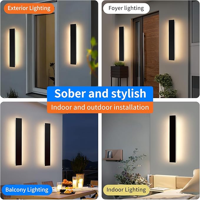 Mikeru 2 Pack Upgraded 23.6" Long LED Wall Sconce, 4.3" Wide IP65 Waterproof Outdoor Wall Lights, 3000K Warm White Exterior Lighting Fixtures for Front Porch, Garage, Basement & Patio