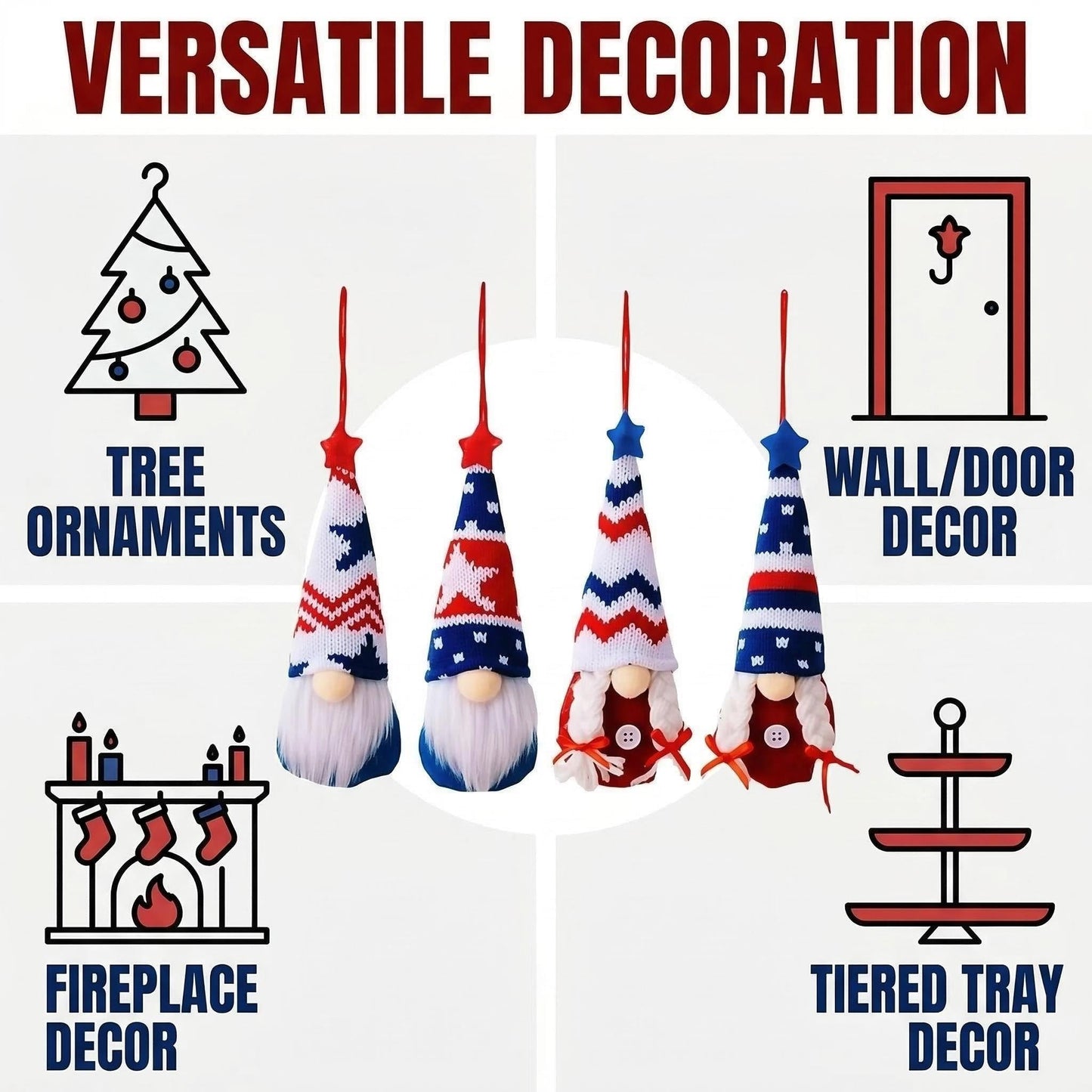 4th of July Decorations-Independence Day Hanging Gnomes USA 250th Anniversary Patriotic Gnomes Ornaments,4Pcs Memorial Patriotic Tree Decor Red White Blue Hanging Ornaments for Independence Day