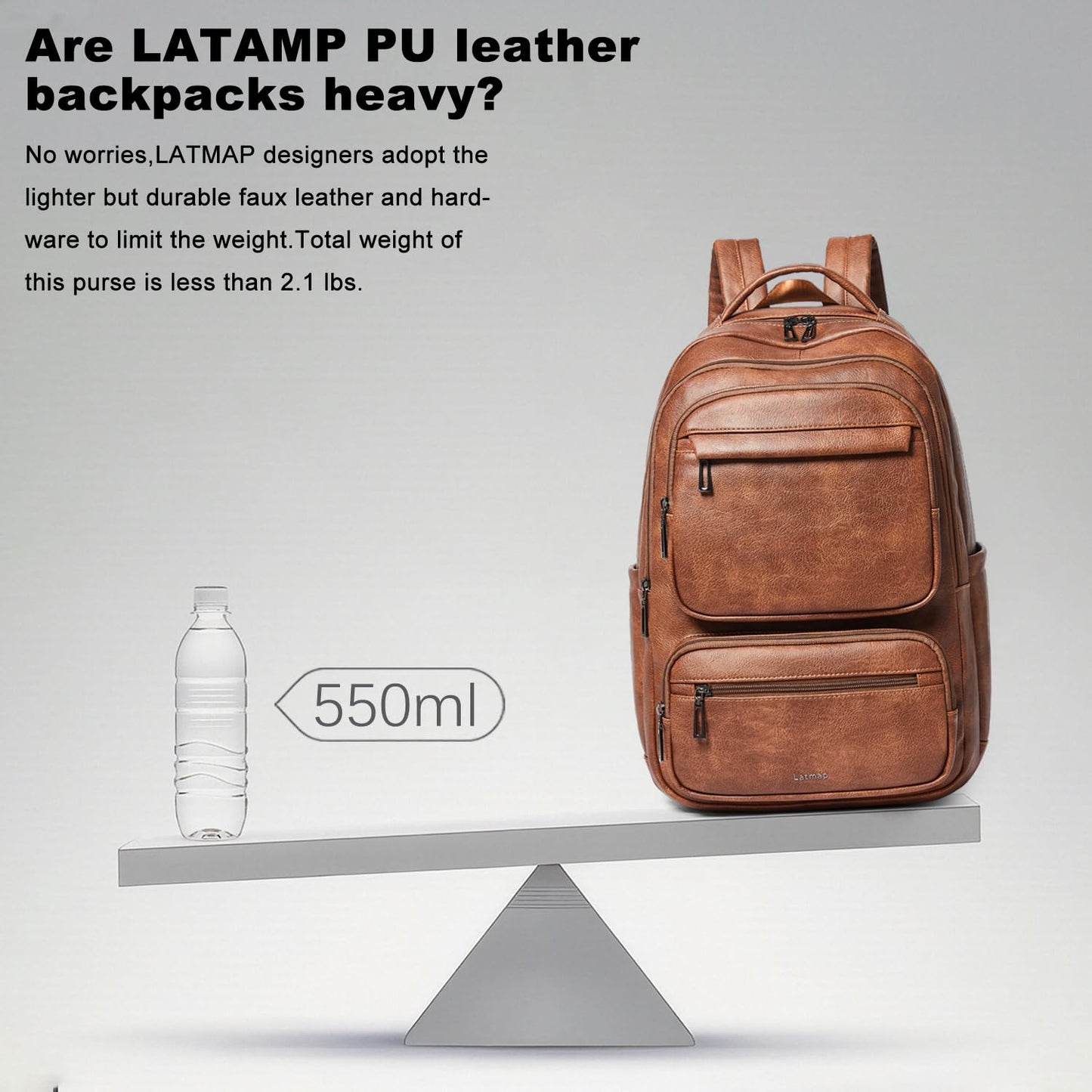 LATMAP 43L Backpack For Women Men Vegan Leather Backpack Purse Shoulder Bookbag 17 16 15.6 Inch Laptop Bag Handbags For Travel Work College Large Brown