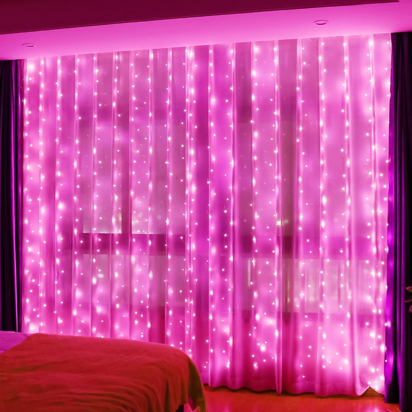 HXWEIYE 300LED Fairy Curtain Lights, 9.8x9.8Ft USB Plug-in 8 Modes Christmas String Hanging Lights with Remote for Bedroom Backdrop Wedding Indoor Wall Decor, Pink, Standard – 1 Pack