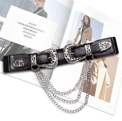 Dubulle Womens Belt Silver Black Chain Leather Belts Vintage Western Adjustable Elastic Double Buckle for Cowboy Pant Dress