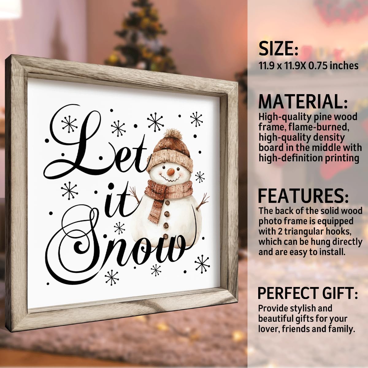 Christmas Wall Decor, Let It Snow Snowman Sign, Winter Framed Wood Wall Accent for Living Room Entryway or Playroom, MDF Holiday Hanging Plaque for Home