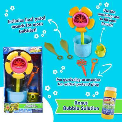 Maxx Bubbles 14" Flower Pot Includes 4oz Bubble Solution, 4 Wands and Watering Can, Botanical Collection, Outdoor Bubble Machine Maker, Great Gift and Decoration for Birthday, Bridal and Shower