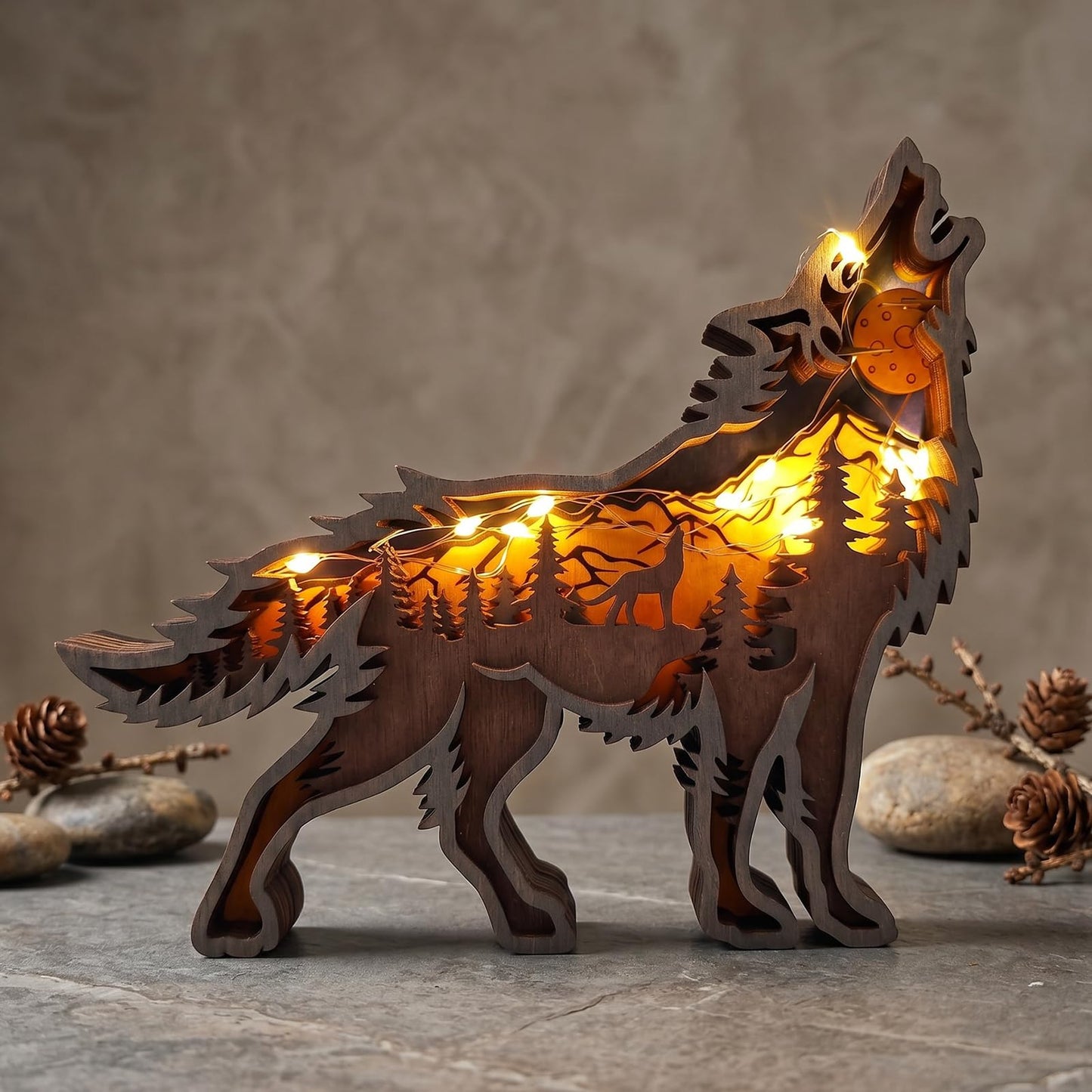 Drawelry 3D Wood Carving Animals Lamp Home Decorative, Cute Bear Family Elephant Presents Ideas Christmas Living Room Office Decor Warm LED Night Lights Gift for Friend Daughter Son Mom Dad (Wolf)