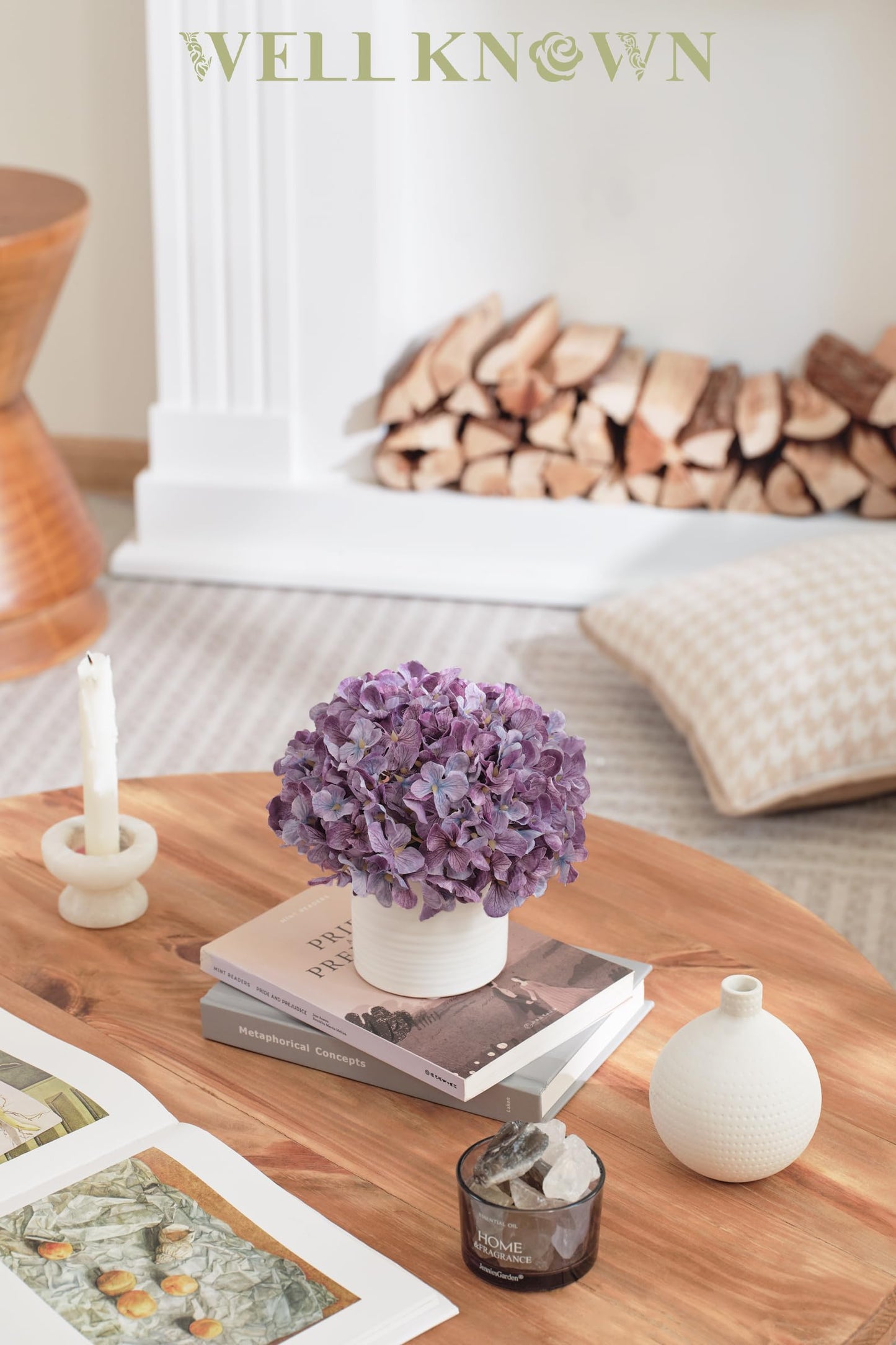 Hydrangea Fake Flowers in Vase, Artificial Flowers with Ceramic Vase Small Faux Potted Floral Arrangements for Bathroom Home Desk Kitchen Counter Vanity Shelf Coffee Table Centerpiece Decor (Purple)