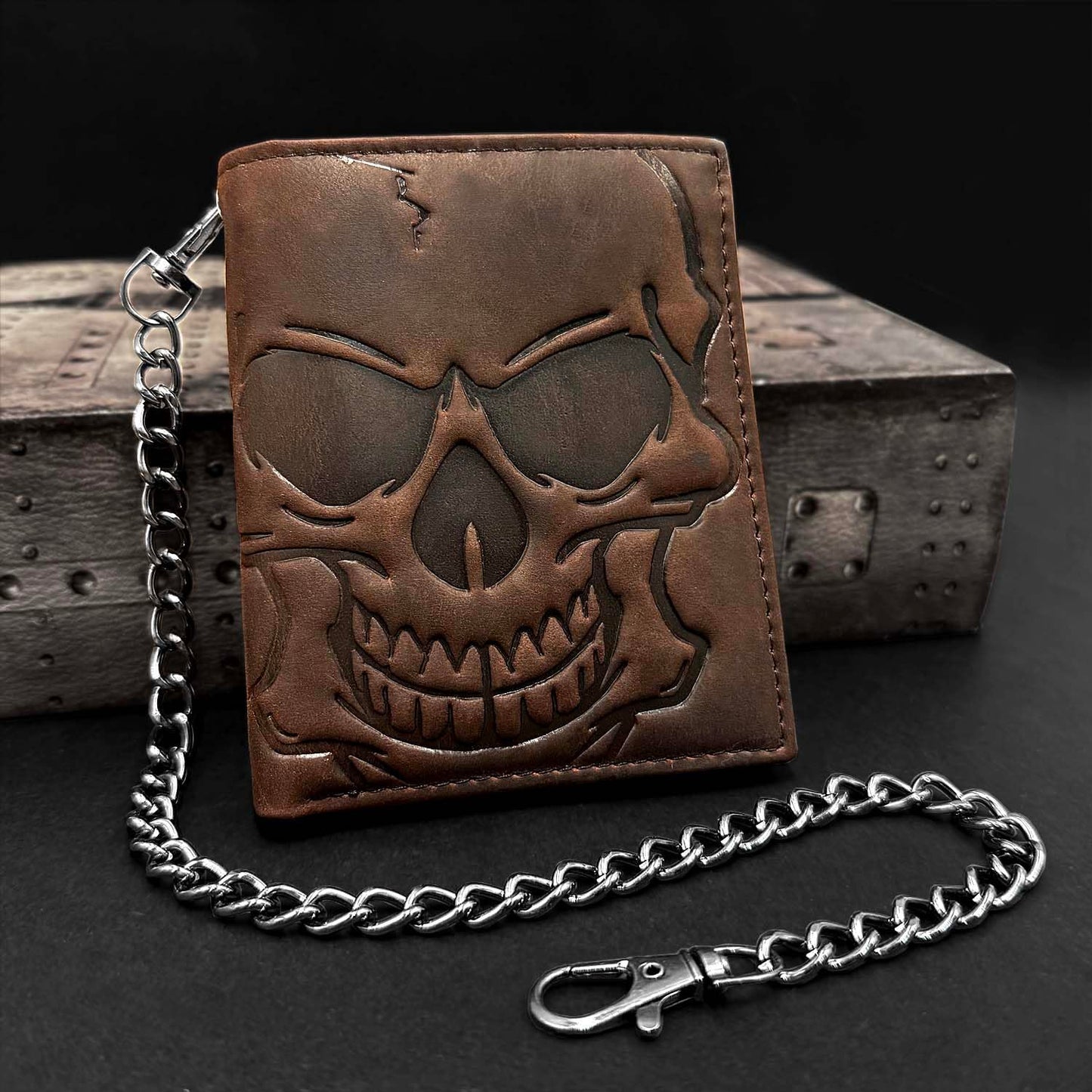 crazy hunter Skull Wallet for Men Bifold Card Holder Wallet Pocket Purse Cowhide Leather Wallet with Chain