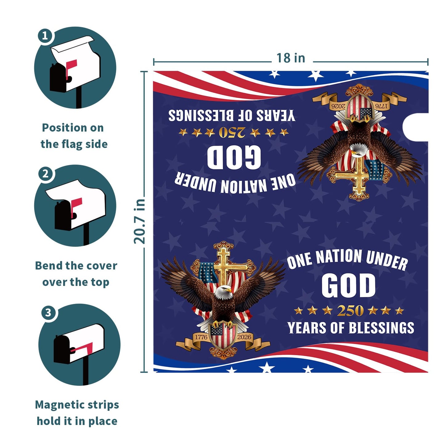 Ancordivo 4th of July Patriotic Mailbox Covers Magnetic Standard Size 21 x 18 Inch 250th Anniversary 1776-2026 One Nation Under God Mailbox Wraps Post Letter Box Cover for Garden Yard Decor