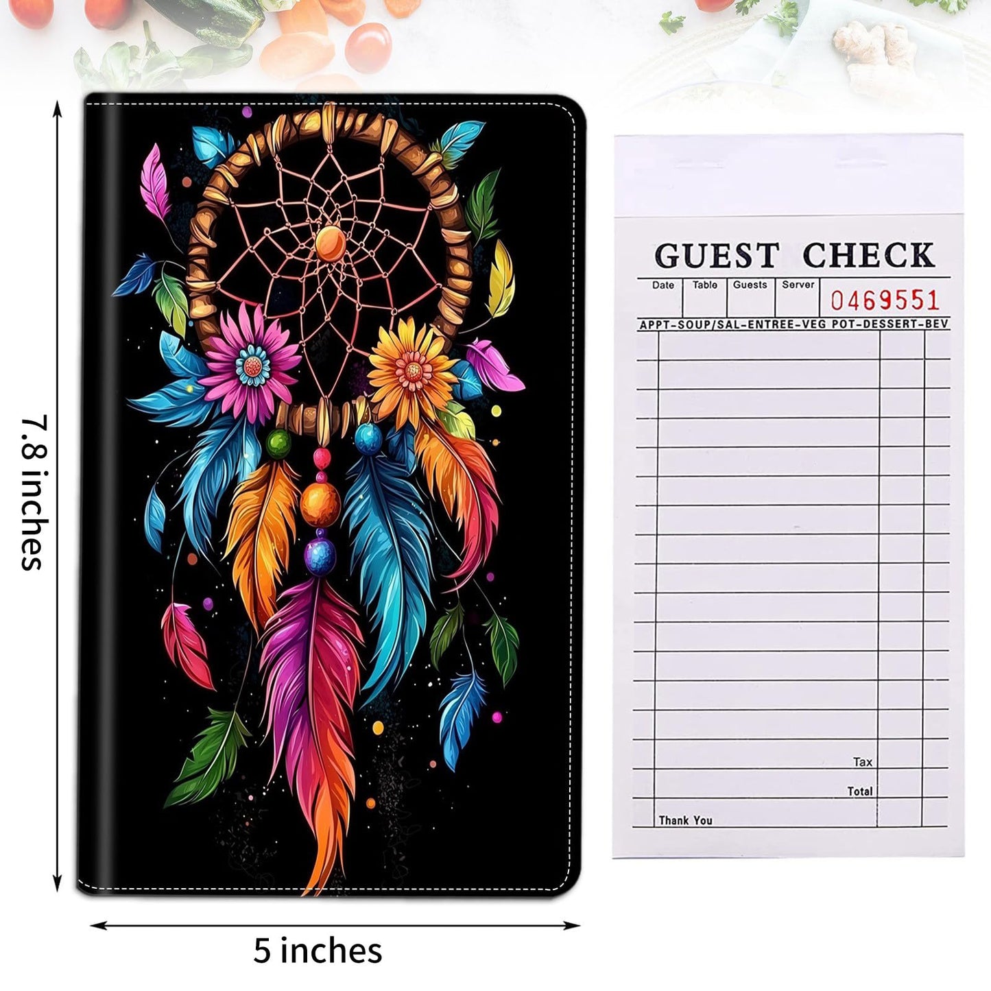 DHYYDSQZ Server Books for Waitress Waiter Book with Zipper Money Pocket Dream Catcher Design PU Leather Cute Waitstaff Organizer Black Waiter Serving Book Wallet with Pen Holder Fit Server Apron