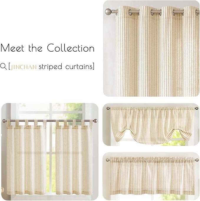 jinchan Tie Top Linen Kitchen Curtains 36 Inches Striped Tier Curtains Farmhouse Modern Cafe Style Small Window Treatments Airy Light Filtering Rod Pocket for Living Room Bathroom 2 Panels Beige