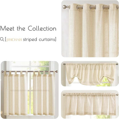 jinchan Tab Top Linen Kitchen Curtains 24 Inches Striped Tier Curtains Farmhouse Modern Cafe Style Small Window Treatments Airy Light Filtering Rod Pocket for Living Room Bathroom 2 Panels Beige