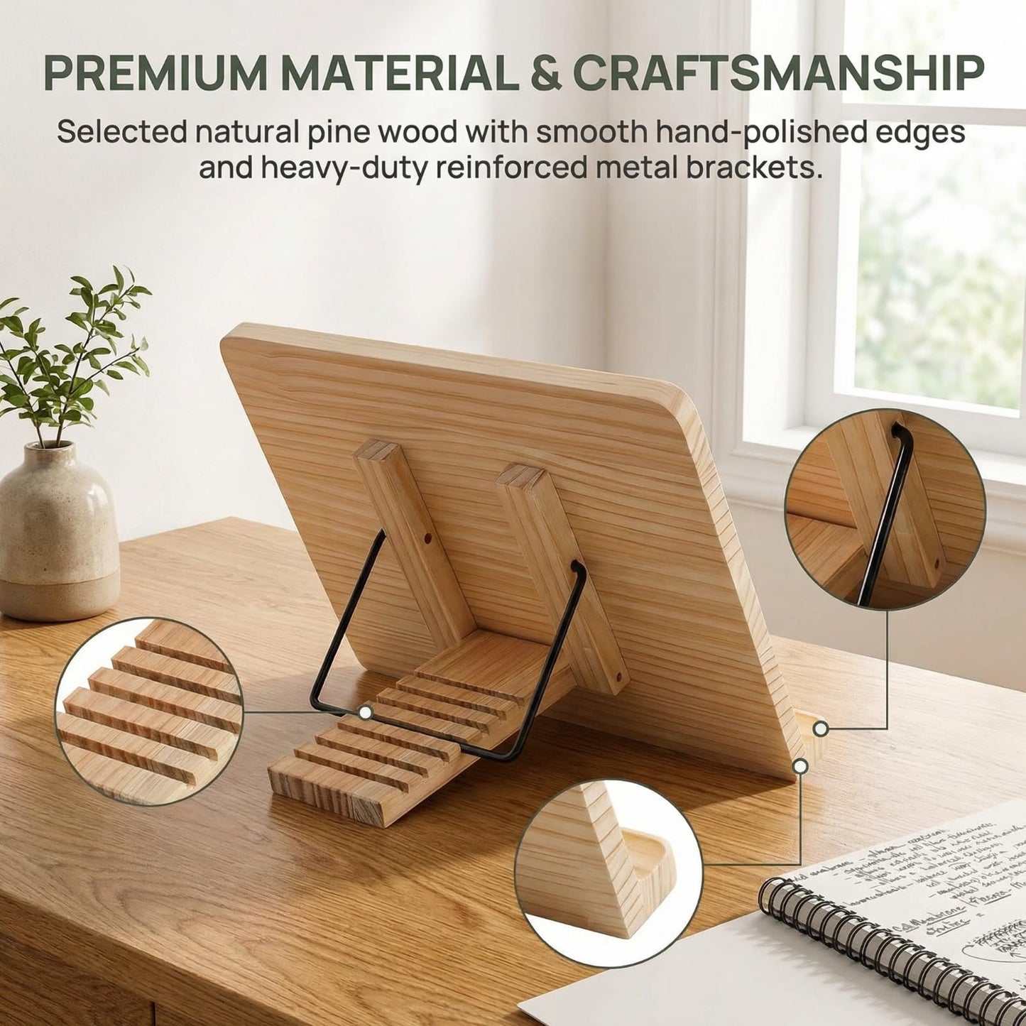 Reading Rack Wooden Bookshelf - Book Stand Foldable with 8 Adjustable Positions and Page Clips,Suitable for cookbooks、iPads、laptops、Sheet Music、and Reading Stands (15x11.4inch)