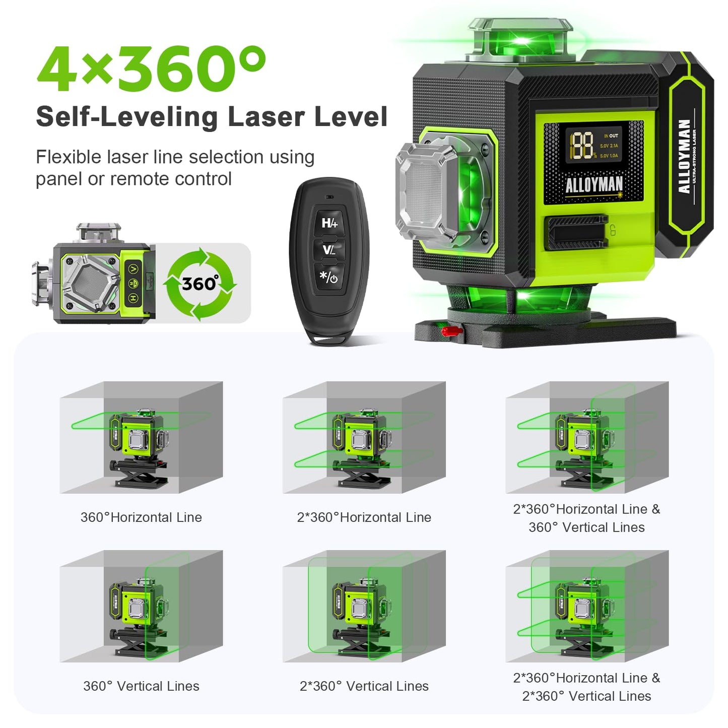 Alloyman Laser Level with Tripod, 4 × 360° Self Leveling Laser Level, Nivel Laser Green Line Lazer Leveler Tool for Picture Hanging, Home Renovation, Indoor Project, 2*Battery&Carrying Bag Included