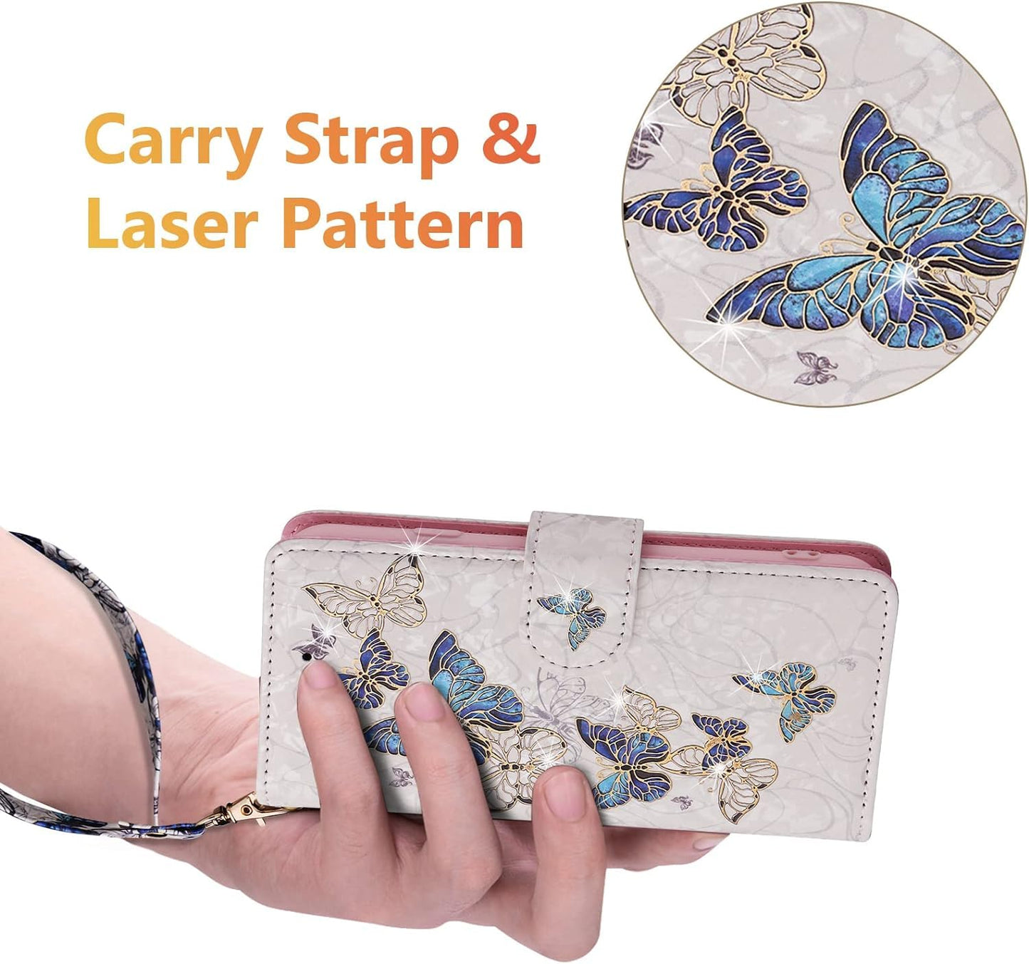UEEBAI Wallet Case for Samsung Galaxy S25 Plus 5G, PU Leather Phone Case Kickstand RFID Blocking Flip Case Card Slots Wrist Strap Relief Engraved Pattern Magnetic Closure Flower Case, Blue Butterfly