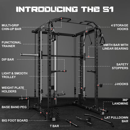 Goimu S1-V4 Smith Machine, 2000LBS Power Cage with Cable Crossover System, All-in-One Squat Rack with Smith Bar, Strength Training Equipment for Hone Gym (Black Smith Machine S1)