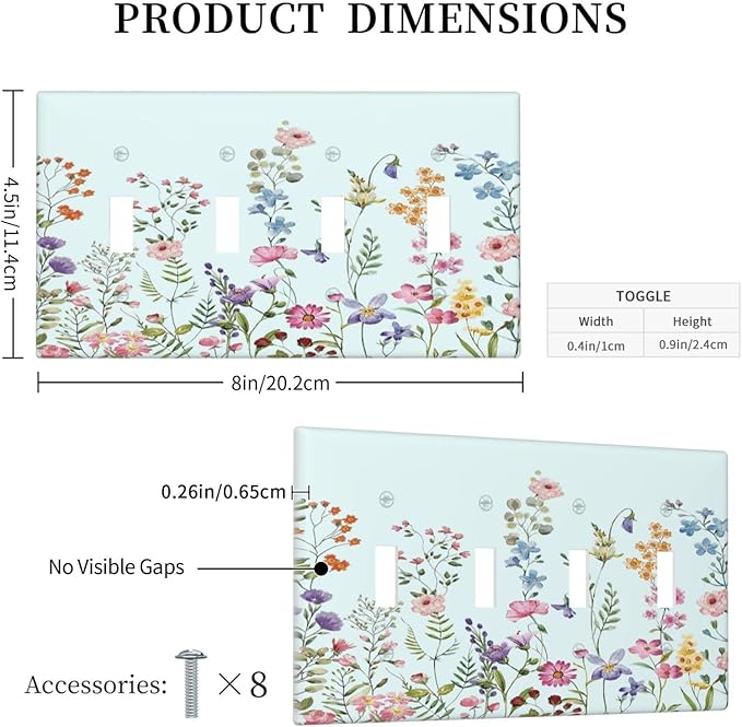 Rustic Wild Floral Vintage Blue Watercolor Flower Quad Toggle Light Switch Covers Decorative Unique 4 Gang Wall Plate Electrical Faceplate Switchplate for Bedroom Bathroom Decor