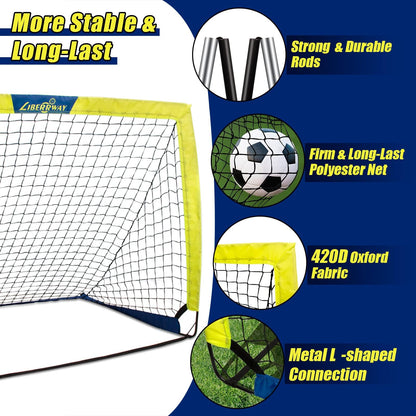 LIBERRWAY Soccer Goal 4'x 3' Portable Kids Soccer Goals for Backyard or Indoor Pop Up Soccer Net with 6 Training Cones, Carrying Bag, 8 Ground Stakes