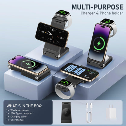GEJIUCAI Magnetic Wireless Charger Stand, 3 in 1 Foldable Wireless Charging Station, Travel Charger for Multiple Devices for iPhone 16 15 14 13 12 Series, Apple Watch Ultra/9/8/7/6/5/4/3/2, AirPods