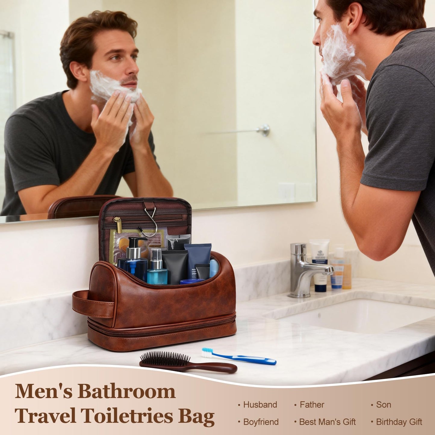 Personalized Gifts Travel Toiletry Bag for Men, Customized Laser- Engraved Mens Birthday Gift PU Leather Waterproof Bathroom Shaving Bag, Unique Anniversary Present for Husband Boyfriend Partner,D