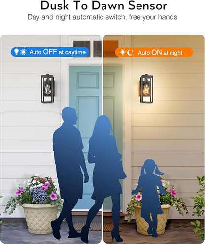 VIANIS Outdoor Wall Lights Dusk to Dawn, Large Exterior Light Fixture Wall Mount for House Front Porch Light, Black Anti-Rust Modern Outside Wall Sconces with Tempered Glass Shade for Garage