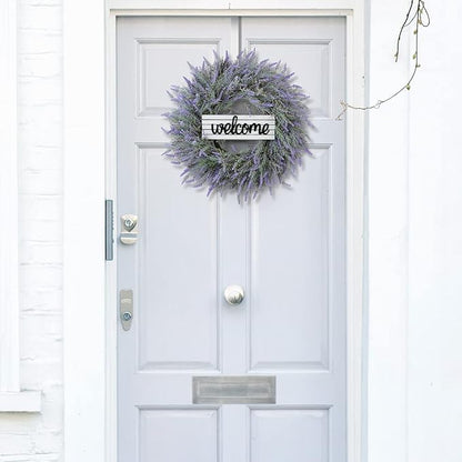 24" Wreath, Spring Wreaths, Artificial Lavender Wreath for Front Door, with Welcome Sign Wreath Hanger, for Spring, Summer, Autumn and Winter, Indoors,Outdoors, corridors, Offices. (Purple)