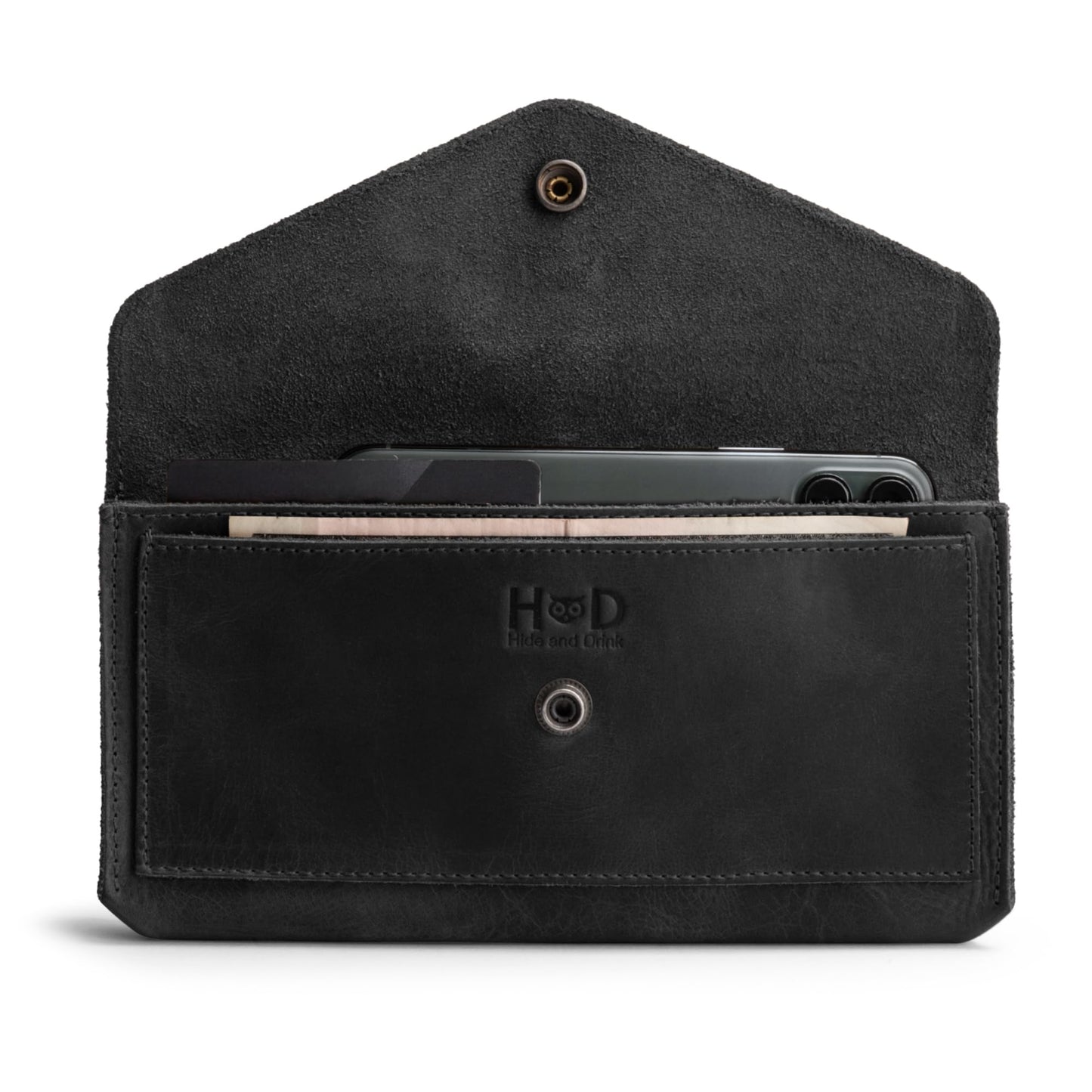 Hide & Drink, Full Grain Leather Large Female Wallet, Travel Organizer for Women, Vintage Money and Card Holder, Handmade, Charcoal Black