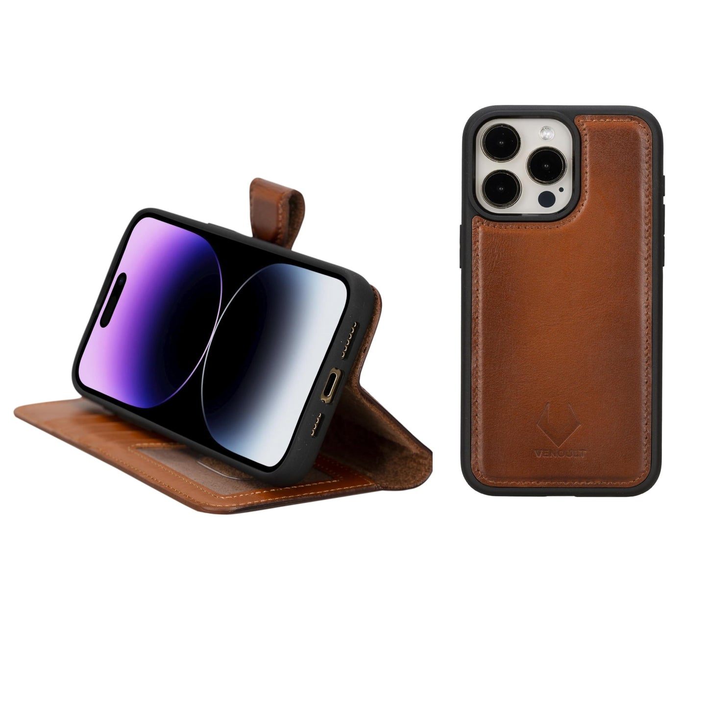VENOULT Detachable Wallet Case for iPhone 15 Pro MAX, 4 Card Holder Wallet, Man or Women Folio Cover, Compatible with Magsafe, RFID, Genuine Leather, Kick Stand (Chestnut Brown)
