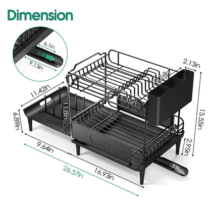 Extendable Dish Drying Rack for Kitchen Counter, Large Expandable Dish Rack with Multifunctional Drainboard for Pan Pot, Collapsible dish drainer, Foldable Plate Strainer for Home Countertop Storage