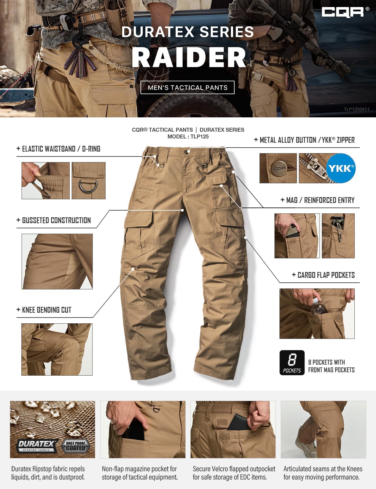 CQR Men's Tactical Pants, Water Resistant Ripstop Cargo Pants, Lightweight EDC Work Hiking Pants, Outdoor Apparel, Raider Mag Cougar, 44W x 32L