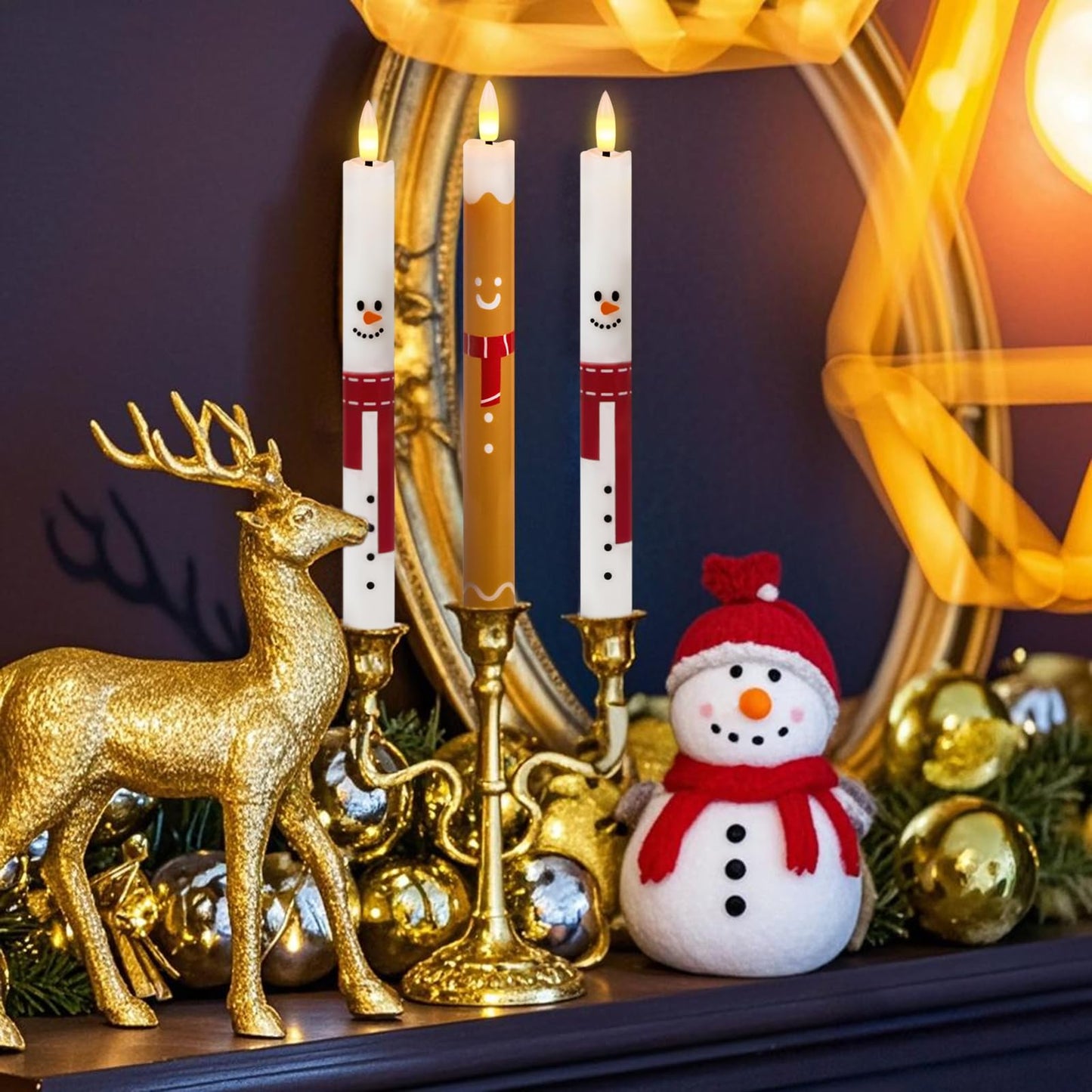 KunSwenn Christmas Flameless Taper Candles, Taper Candles Battery Operated with Remote, 6 Pcs LED Candlesticks with Santa Gingerbread Man Snowman Pattern for Christmas Holiday Decor(Waxy, 0.78”x9.7”)