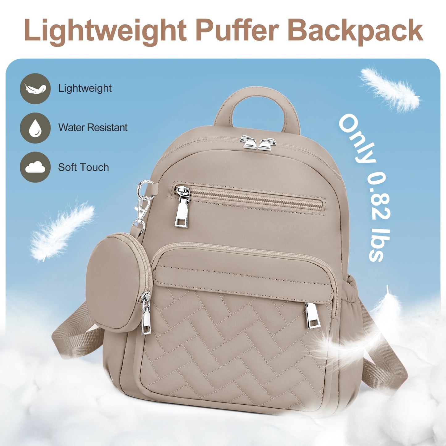 SYTRAH Mini Backpack for Women Small Backpack Purse, Anti Theft Backpack Waterproof Lightweight Puffer Back packs for Travel, Work with Coin Purse Khaki
