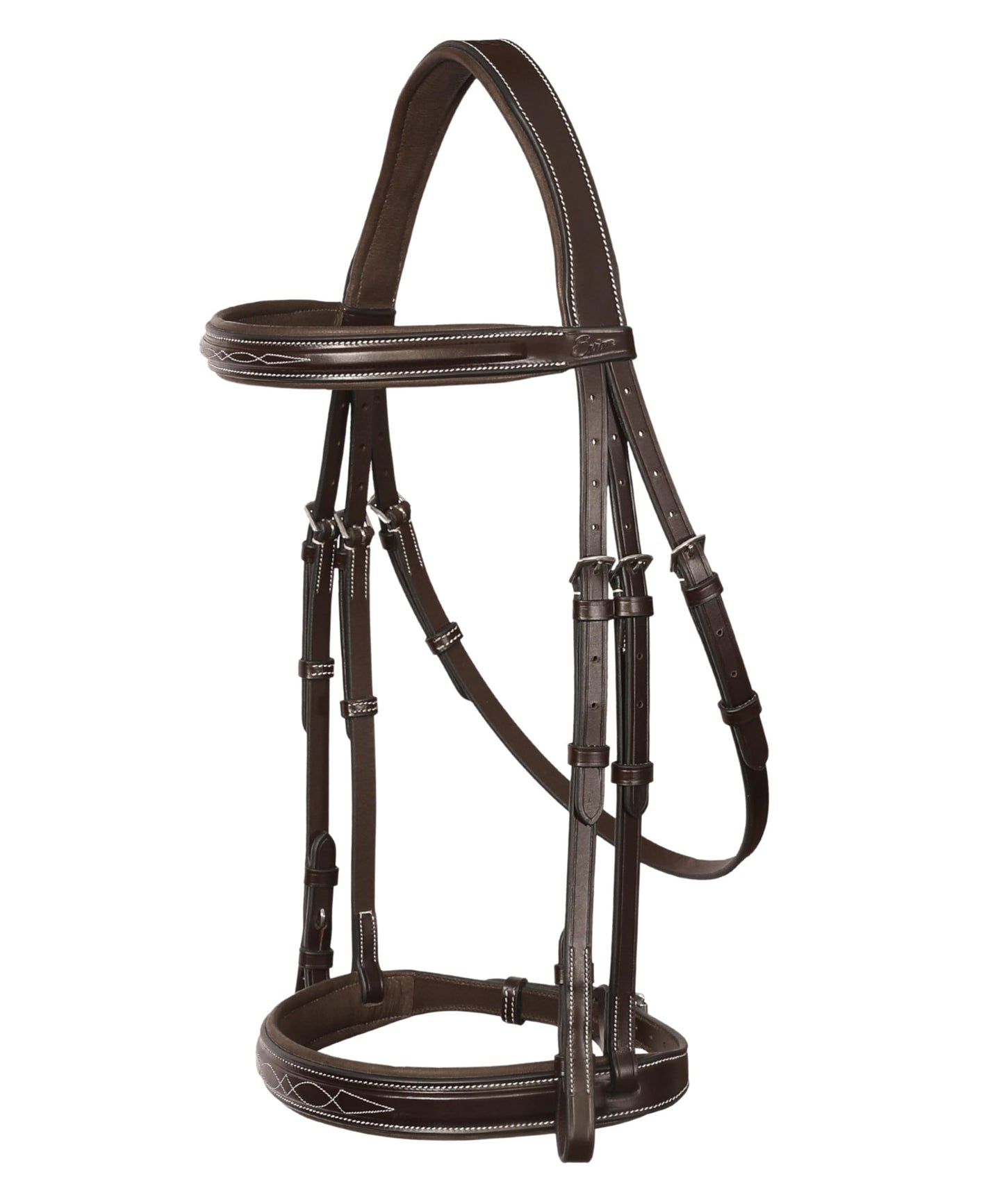Exion Hunter Anatomic English Bridle – Padded Fancy Stitched Leather Bridle with Rubber Reins – Ergonomic Poll Relief Crownpiece for Jumping & Eventing – Stainless Steel – Havana Brown