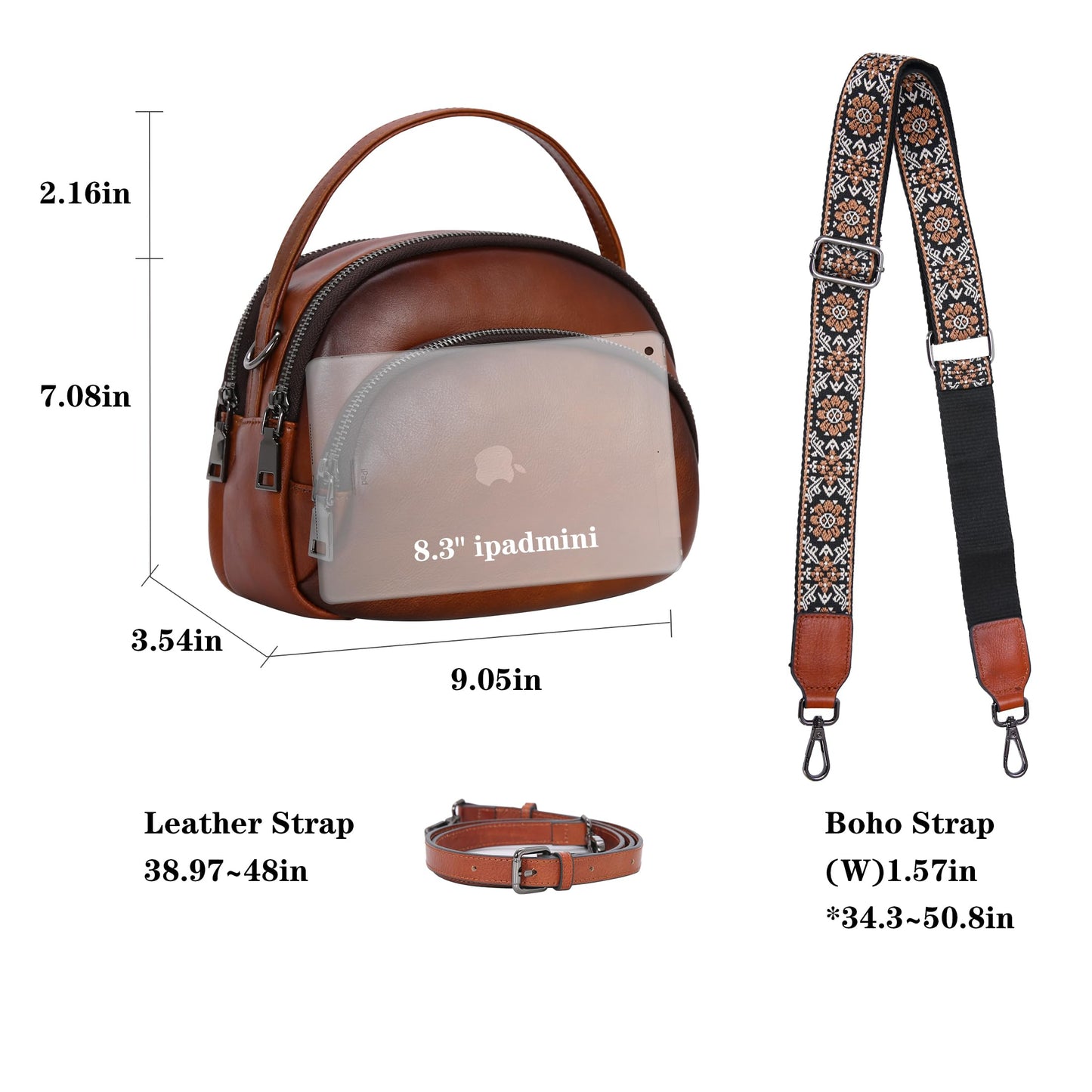 HESHE Genuine Leather Crossbody Bags Leather Purses for Women Vintage Small Shoulder Handbags with Multi-Pockets (Brown)