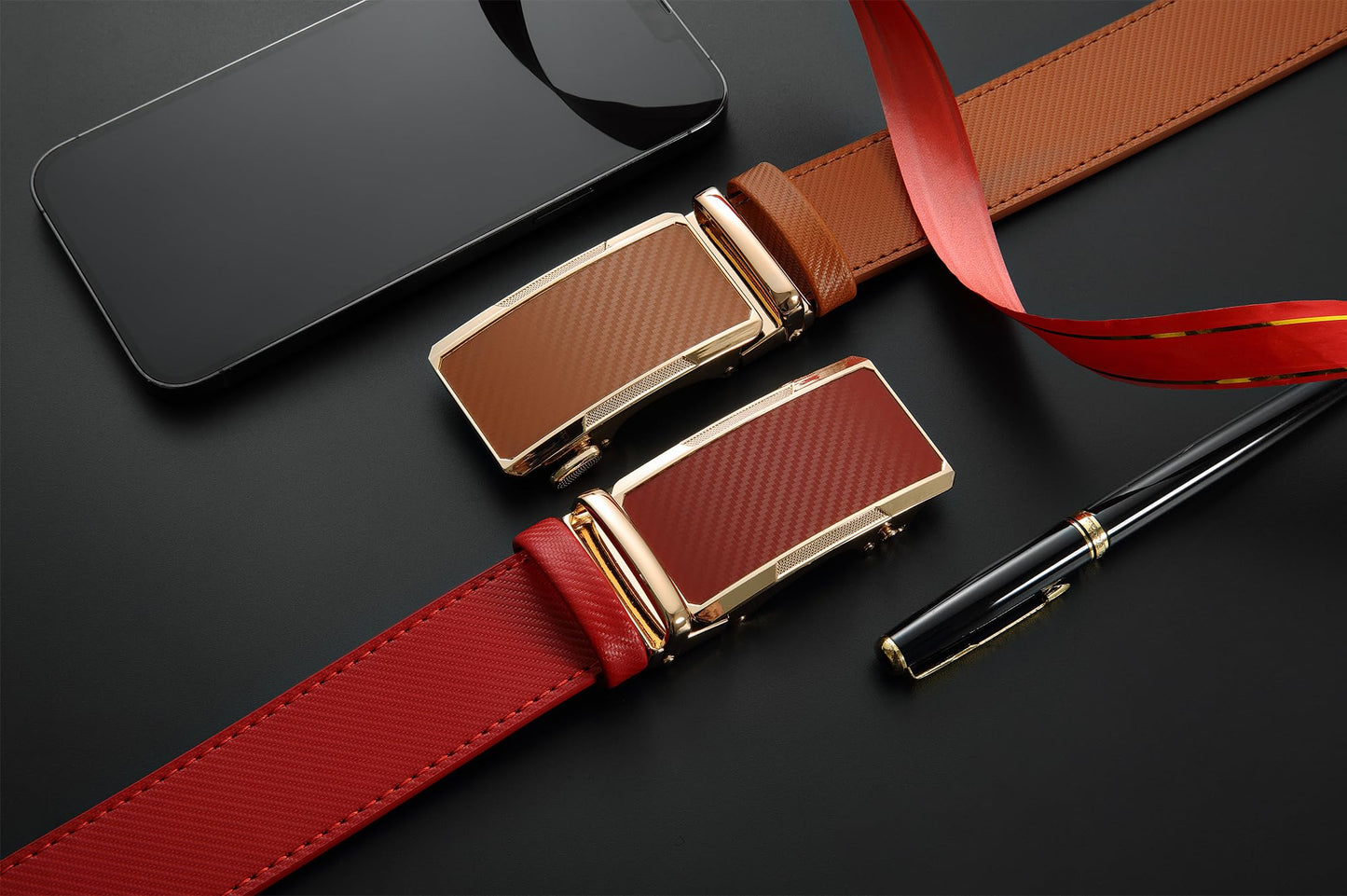 DOOPAI Men's Adjustable Ratchet Belt -Red Leather Dress Belt for Men, Customizable Fit, Easy to Use, Maximum Durability