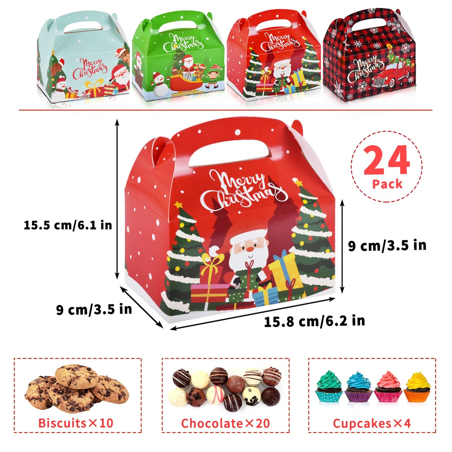 Gatherfun 24 Pieces Christmas Treat Box Candy Gable Boxes Goodie Boxes Cardboard Present Box Cookie with Handles for Christmas Party Favors, 6.2 x 3.5 x 3.5 Inches, 4 Designs