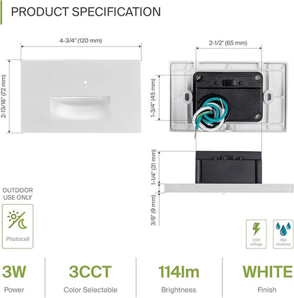 ASD LED Recessed Step Light Fixture, Dusk To Dawn Outdoor Stair Tread Lighting | 3CCT, Photocell, Waterproof, ETL Listed | 3W 120LM 3000K-5000K 120V | Staircase Hardwired Illumination | White, 12 Pack