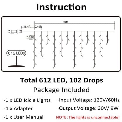 Toodour Christmas Icicle Lights Outdoor, 612 LED 50ft 8 Modes Fairy Icicle String Light with 102 Drops, Led Christmas Lights Twinkle for Holiday, Party, Wedding, Eaves, Xmas Decorations (White)