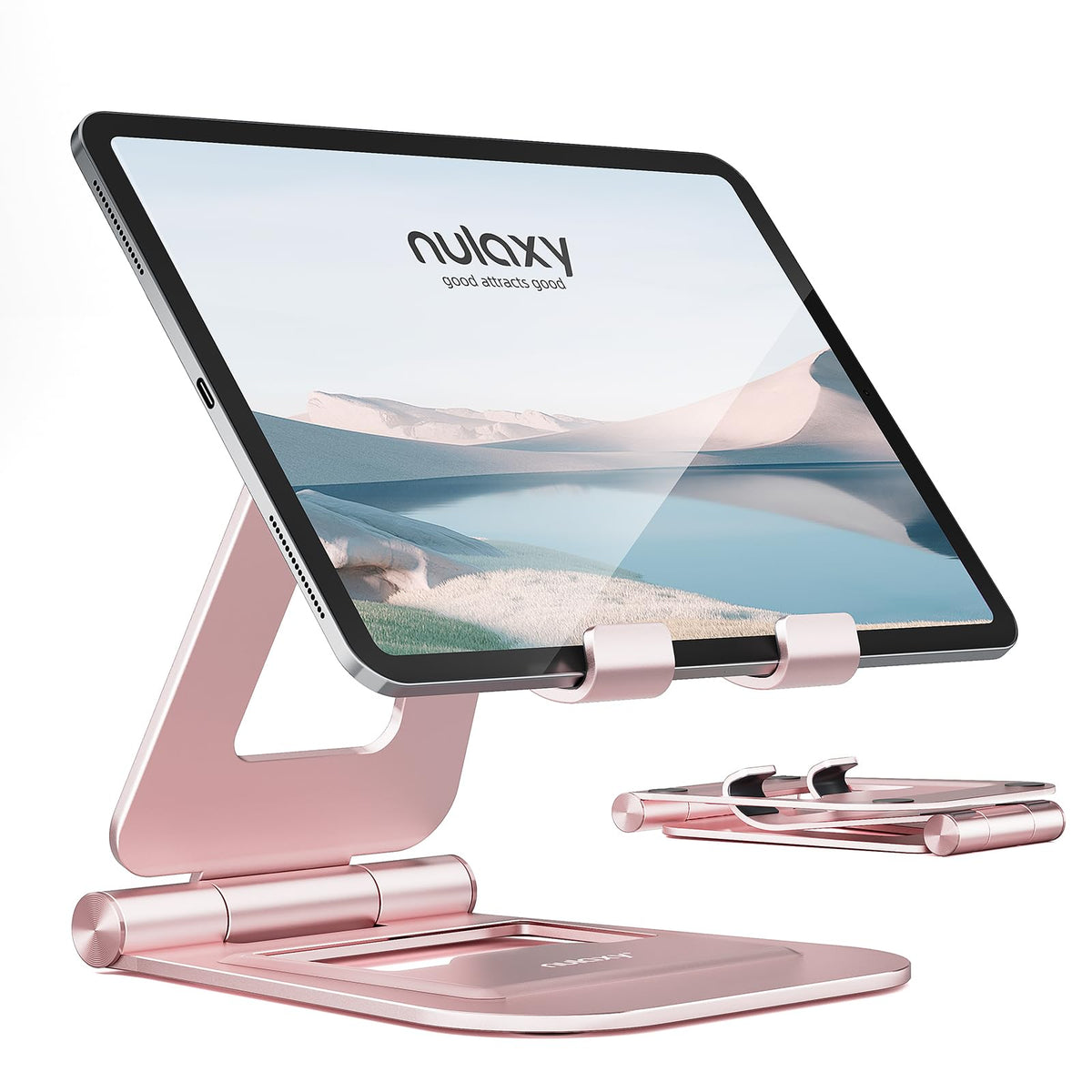 Nulaxy Aluminum Dual Foldable iPad Stand, Fully Adjustable Desktop Tablet Holder, Tablet Accessories for Office Kindle Compatible with Mobile Devices iPad Pro/Air/Mini, iPhone Pro/Max/Plus, Gray