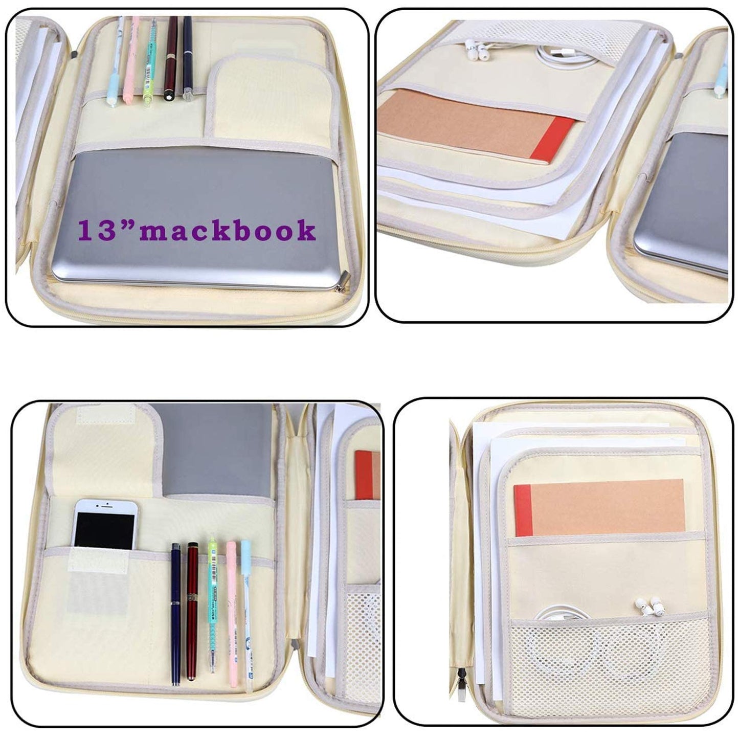 JAKAGO A4 Travel Portfolio Multifunctional Document Organizer Zippered Case for Office Supplies (Mulberry White)