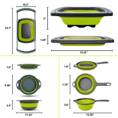 Small Collapsible Colander with Plastic Handles Round Silicone Kitchen Strainers Foldable Kitchen Strainer Perfect for Draining Pasta Vegetable and Fruit Green