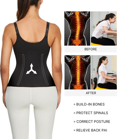Nebility Women Waist Trainer Corset Zipper Vest Body Shaper Cincher Tank Top with Adjustable Straps (XL, Black)